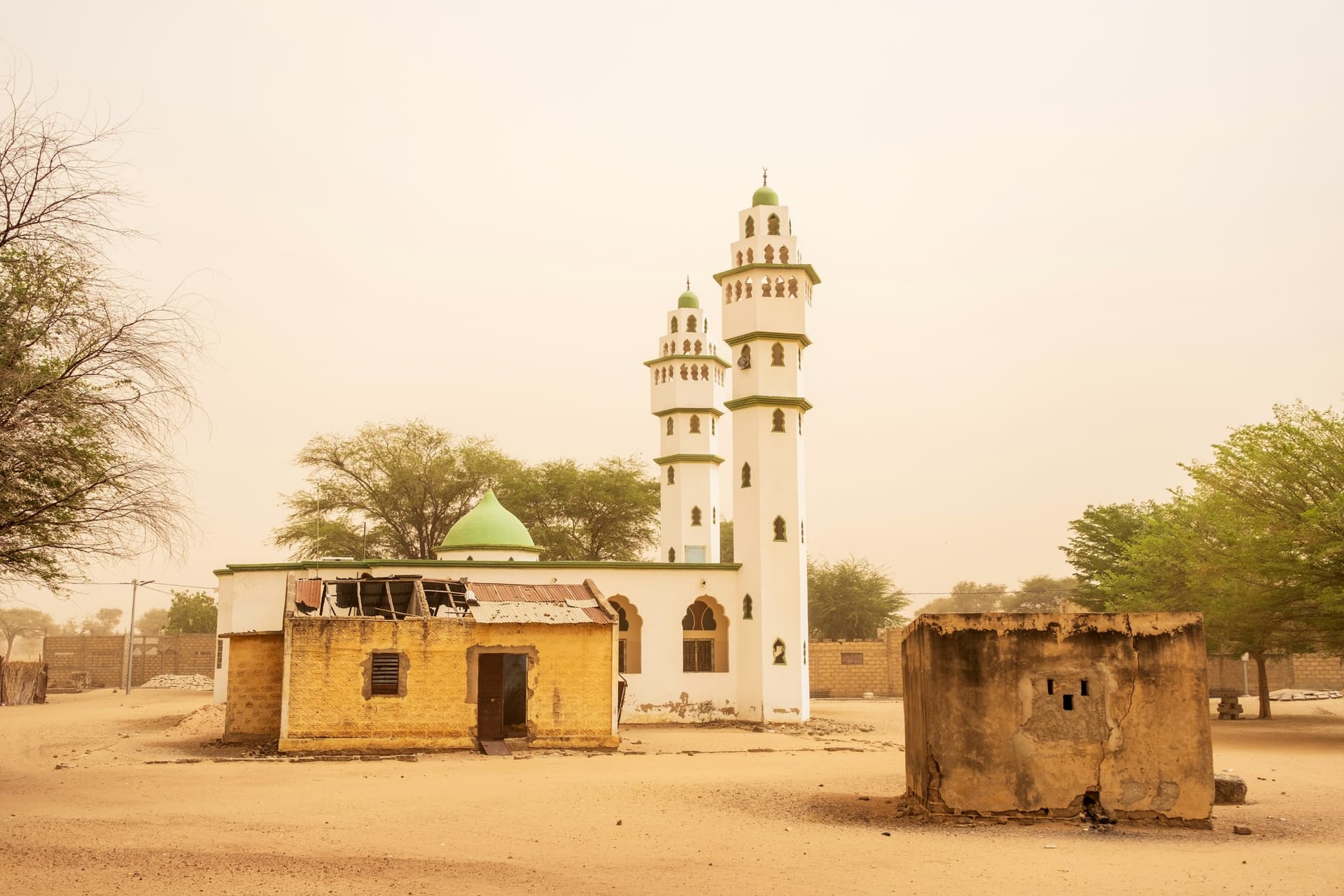 A mosque with tall minarets
